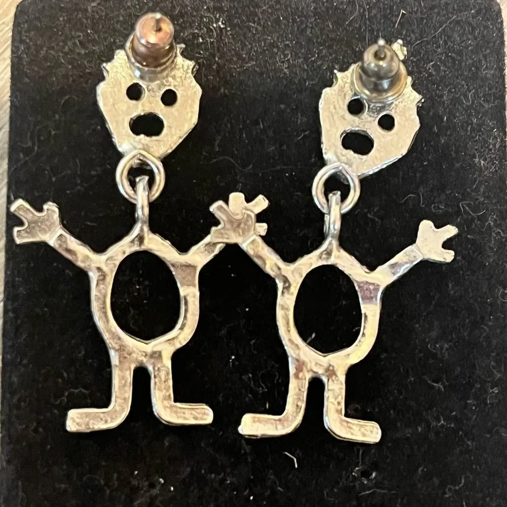 Vintage Silver Metal Happy People Dangle Stud Earrings